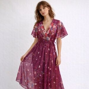 70s Sheer Floral Midi Dress Flutter Sleeve Belted Boho Romantic Sz S